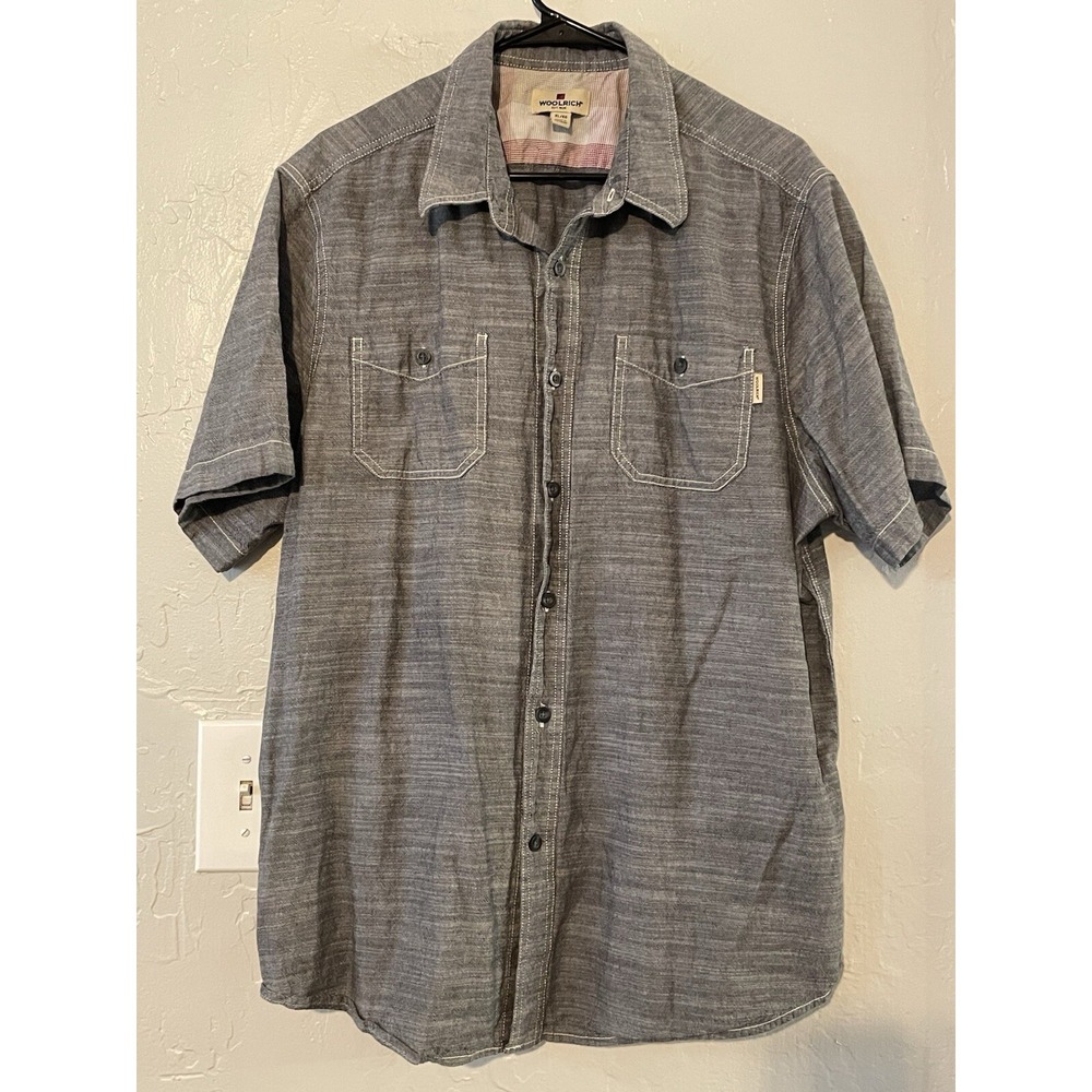 Woolrich Button-Up Shirt Mens Large Gray Short Sleeve 100% Cotton Outdoor